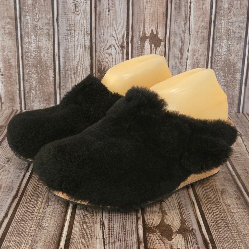 Sz 40 / 9 N Birkenstock Papillio Fanny Teddy Black Shearling Wedge Mules Clogs - Picture 1 of 8